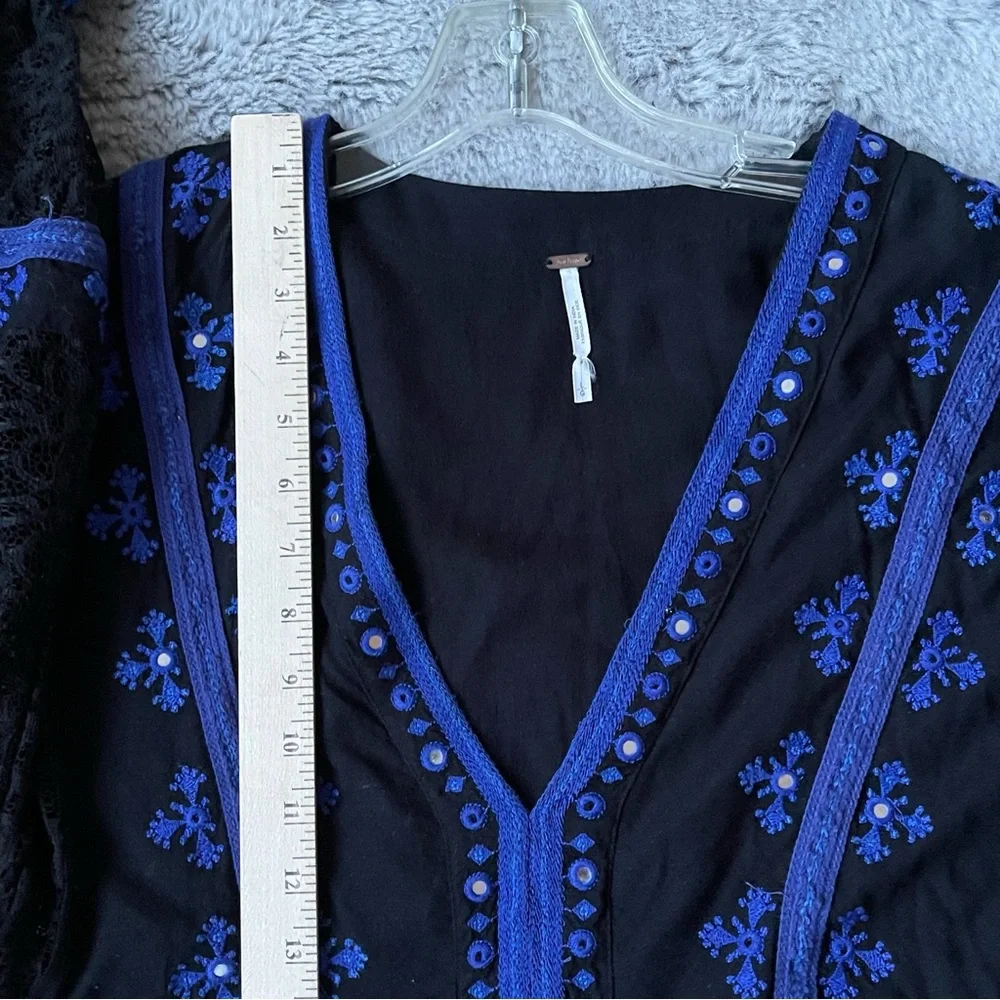 FREE‎ PEOPLE Boogie All Night Peasant Blouse Embroidered Mirror Lace Size Large